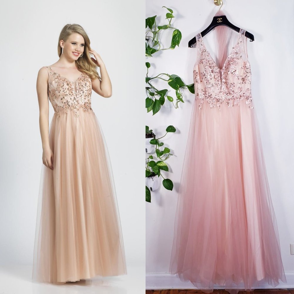 NWT DAVE JOHNNY Blush Pink Tulle Maxi Dress Junior 7 MEDIUM Gown Beaded Wedding